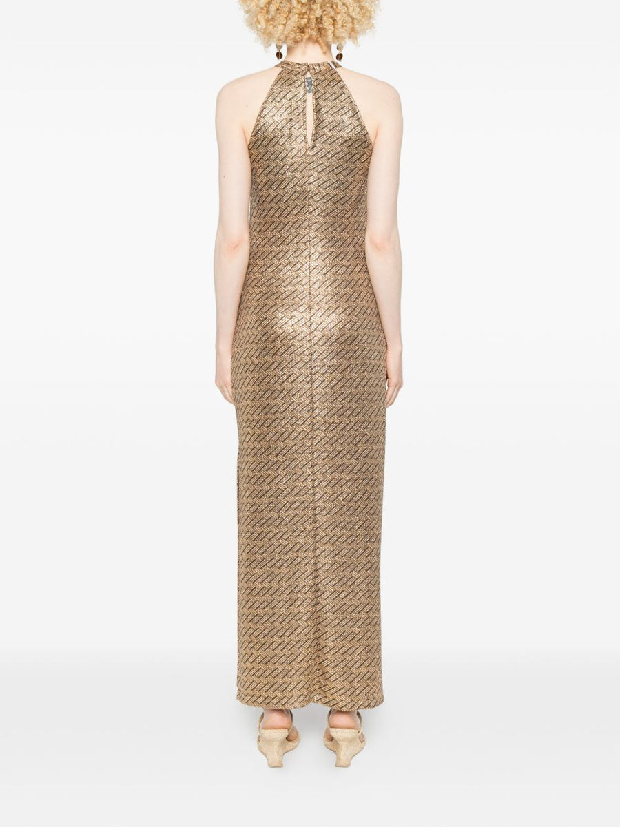 Siyu Tallis Long Dress Floor Length Halterneck Evening Gown With Brown Gold Pattern For Women