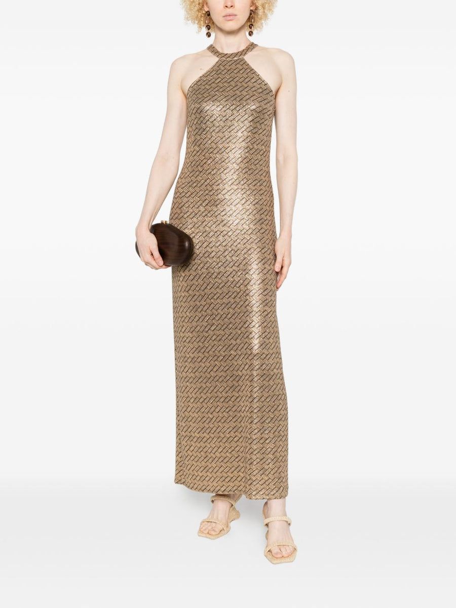 Siyu Tallis Long Dress Floor Length Halterneck Evening Gown With Brown Gold Pattern For Women
