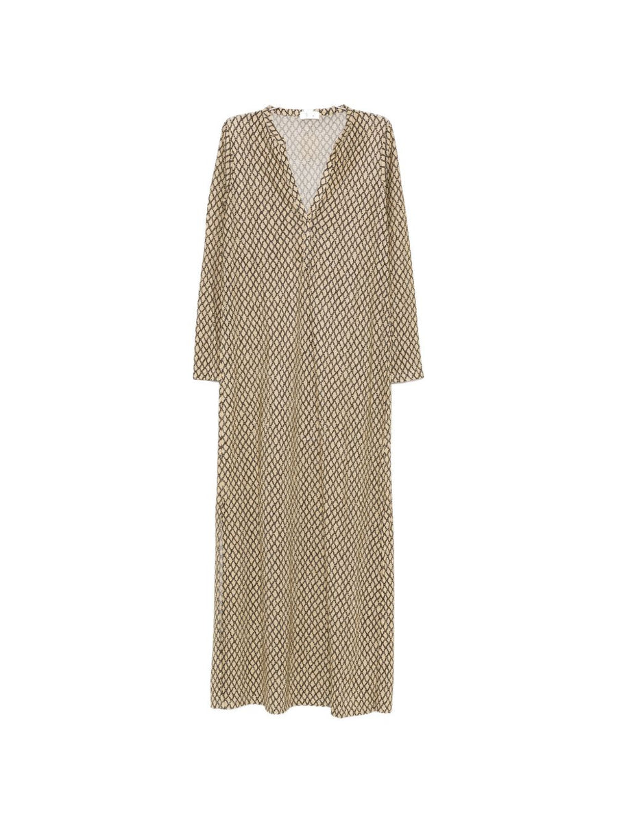 Siyu V Neck Long Sleeve Kaftan Dress For Women Beige Print Relaxed Silhouette Effortless Chic