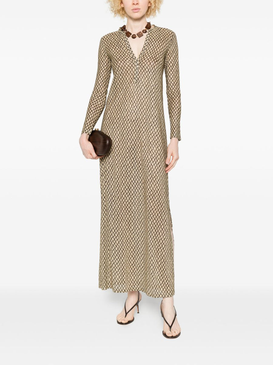 Siyu V Neck Long Sleeve Kaftan Dress For Women Beige Print Relaxed Silhouette Effortless Chic