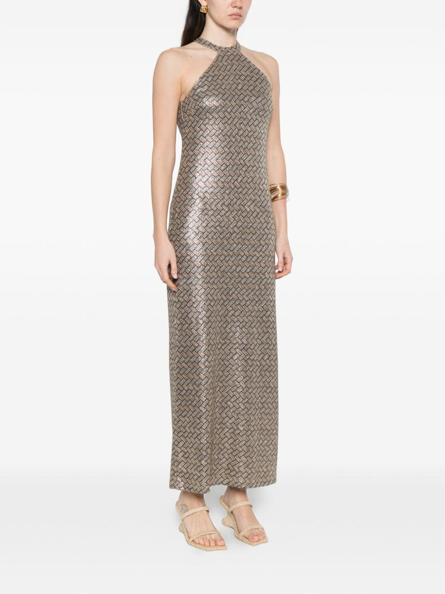 Siyu Tallis Long Dress Luxurious Halterneck Sleeveless Gold Basketweave Eveningwear for Women