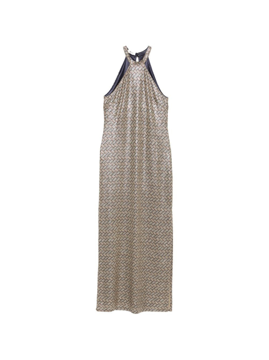 Siyu Tallis Long Dress Luxurious Halterneck Sleeveless Gold Basketweave Eveningwear for Women