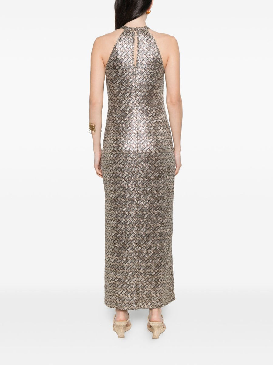 Siyu Tallis Long Dress Luxurious Halterneck Sleeveless Gold Basketweave Eveningwear for Women