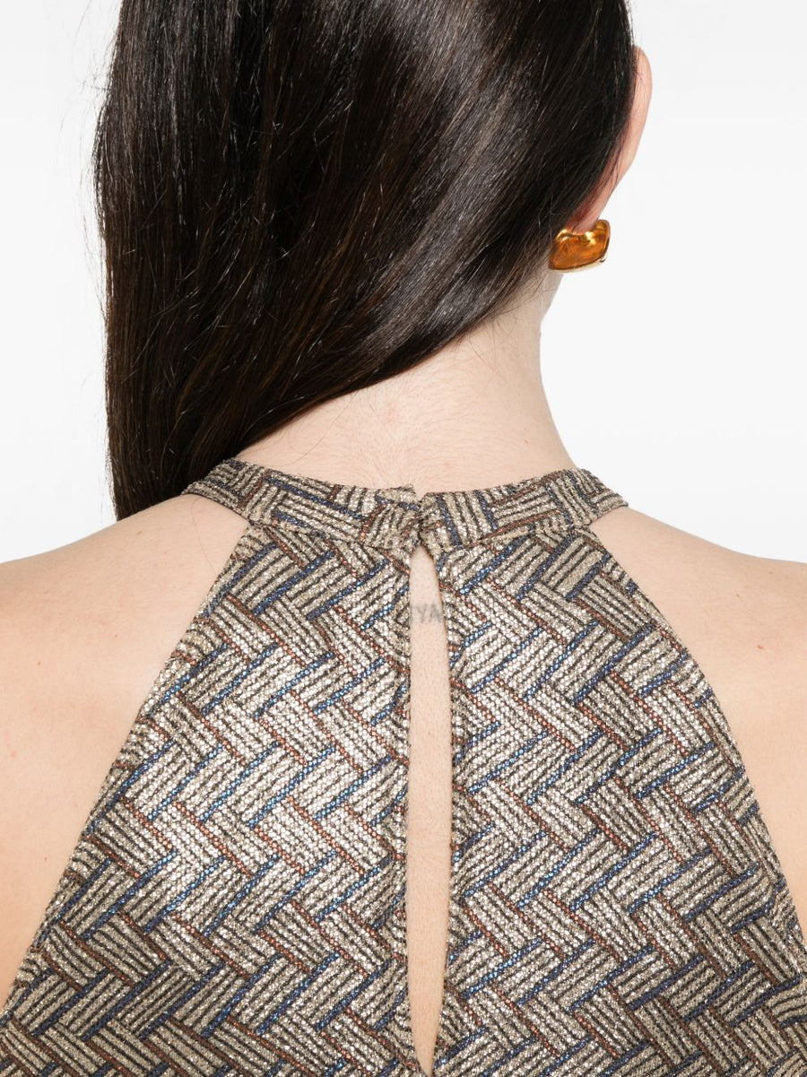 Siyu Tallis Long Dress Luxurious Halterneck Sleeveless Gold Basketweave Eveningwear for Women