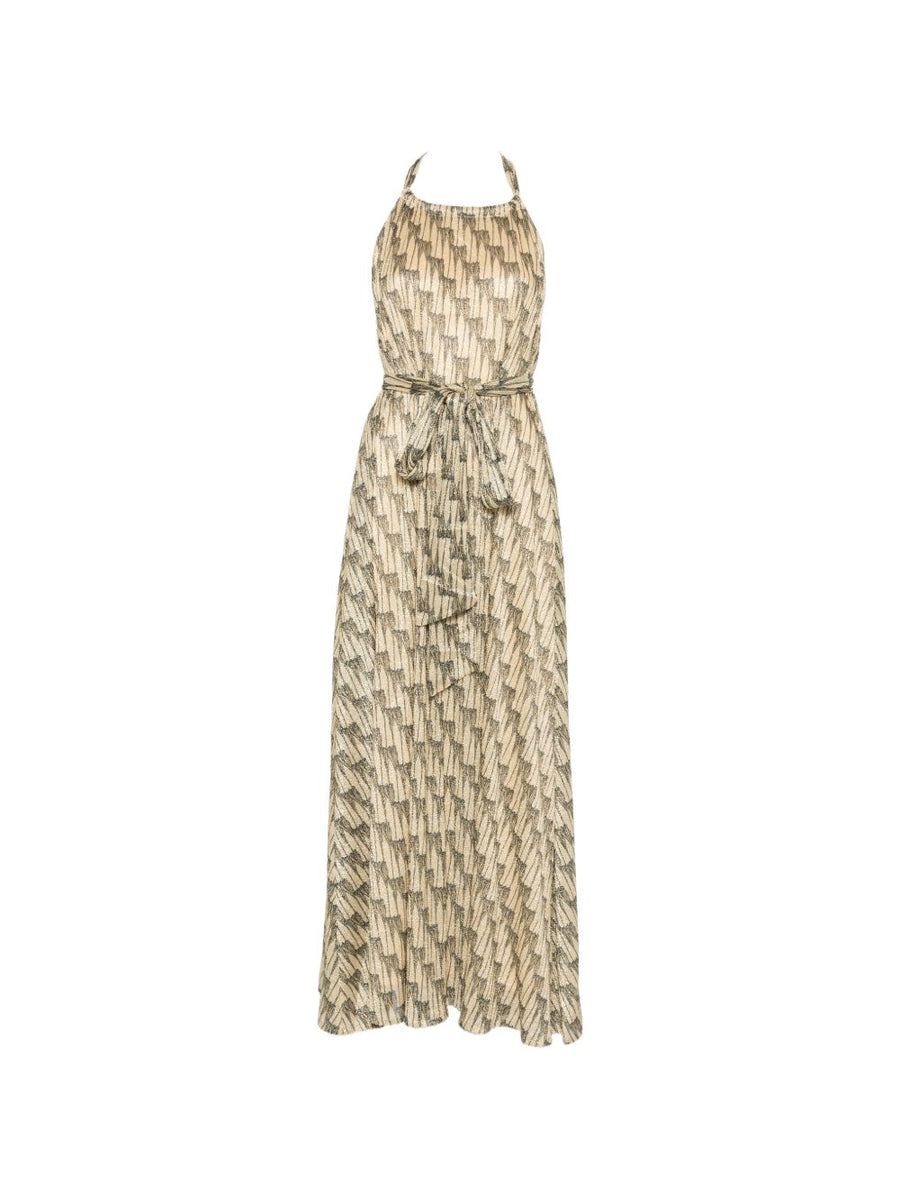 Siyu Ars Halterneck Maxi Dress With Allover Print And Gold Green Tie Belt For Women