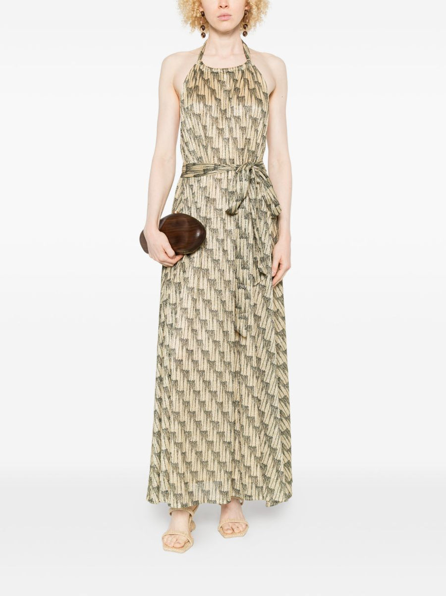 Siyu Ars Halterneck Maxi Dress With Allover Print And Gold Green Tie Belt For Women