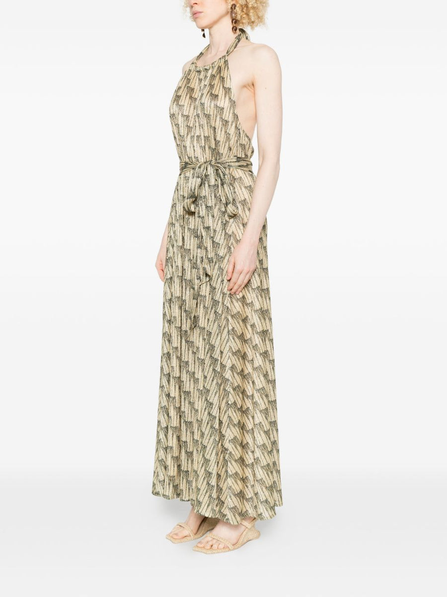 Siyu Ars Halterneck Maxi Dress With Allover Print And Gold Green Tie Belt For Women
