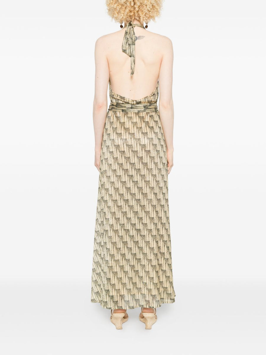 Siyu Ars Halterneck Maxi Dress With Allover Print And Gold Green Tie Belt For Women