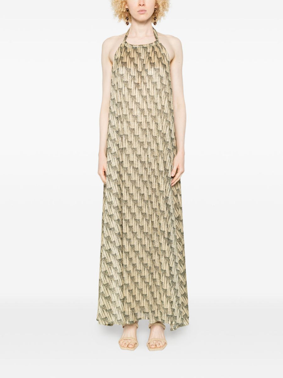 Siyu Ars Halterneck Maxi Dress With Allover Print And Gold Green Tie Belt For Women