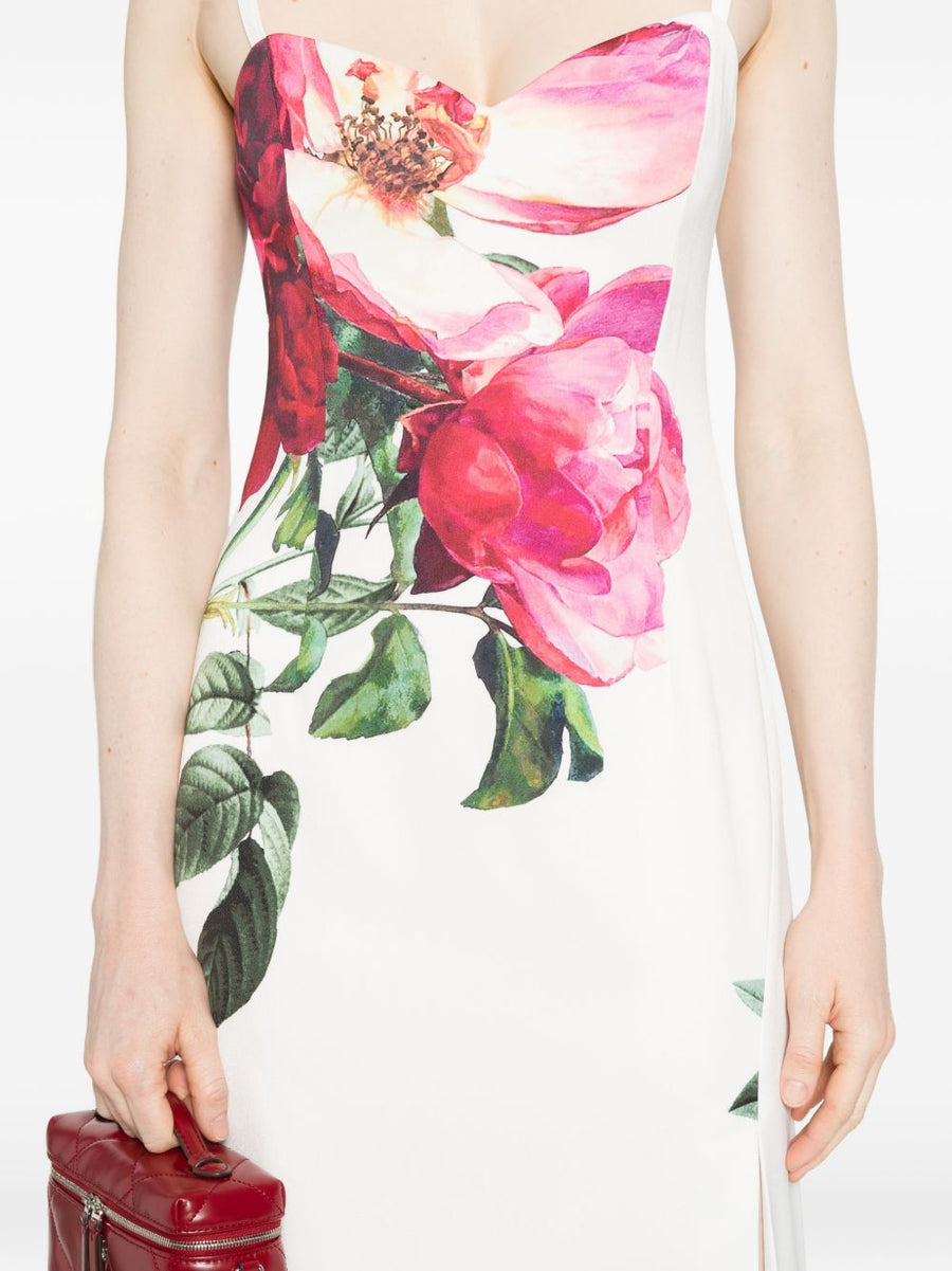 Alice + Olivia White Floral Printed Long Dress With Slender Straps And Side Slit For Women