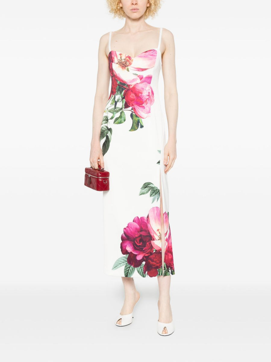 Alice + Olivia White Floral Printed Long Dress With Slender Straps And Side Slit For Women