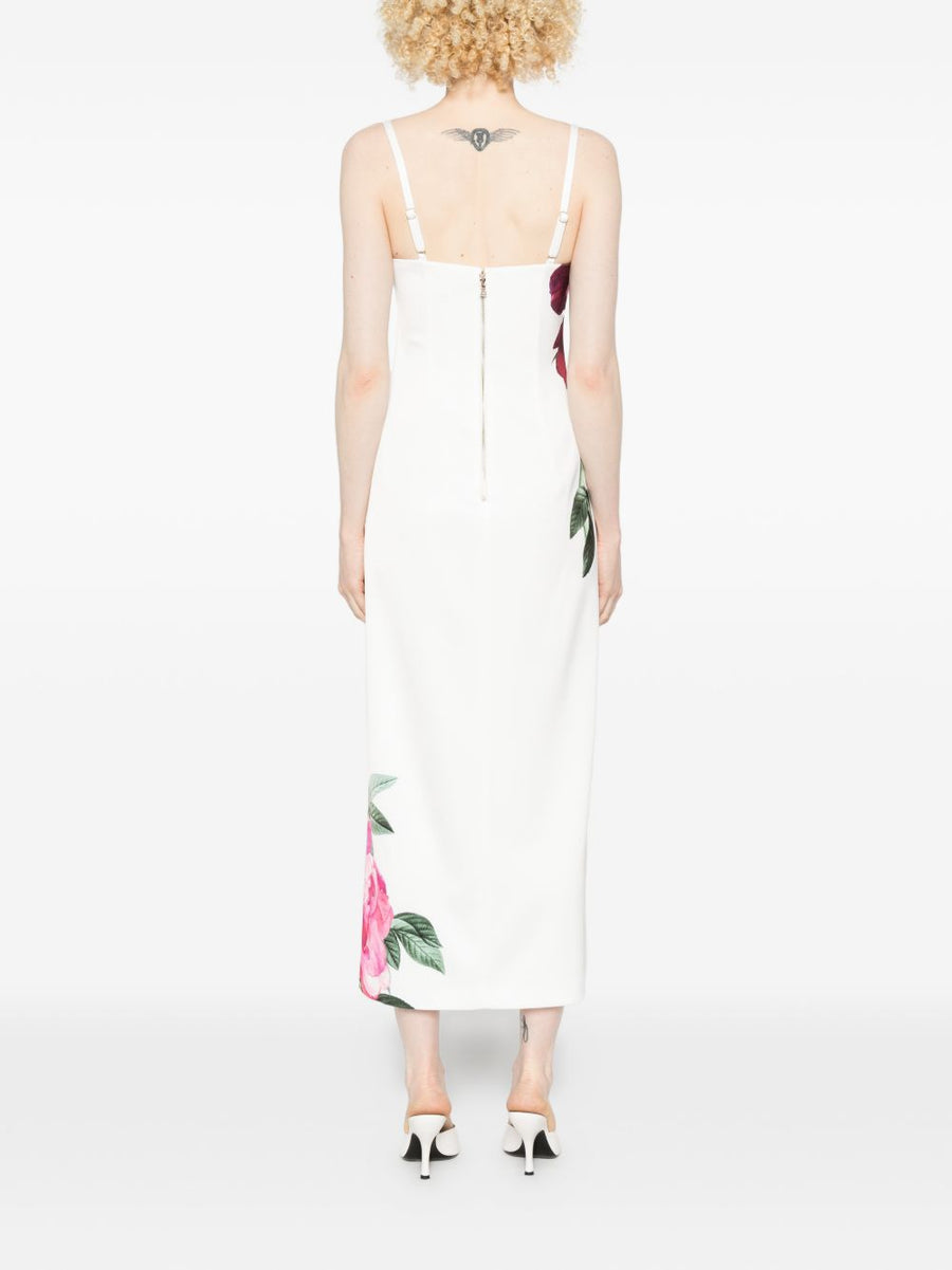 Alice + Olivia White Floral Printed Long Dress With Slender Straps And Side Slit For Women