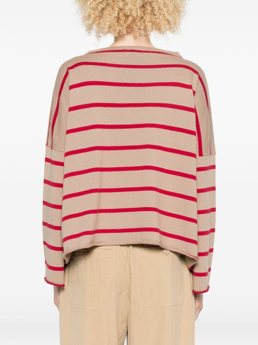 Beyou Cashmere Cotton Striped Sweater For Women Luxuriously Soft Beige Round Neck Top For Everyday Polished Style