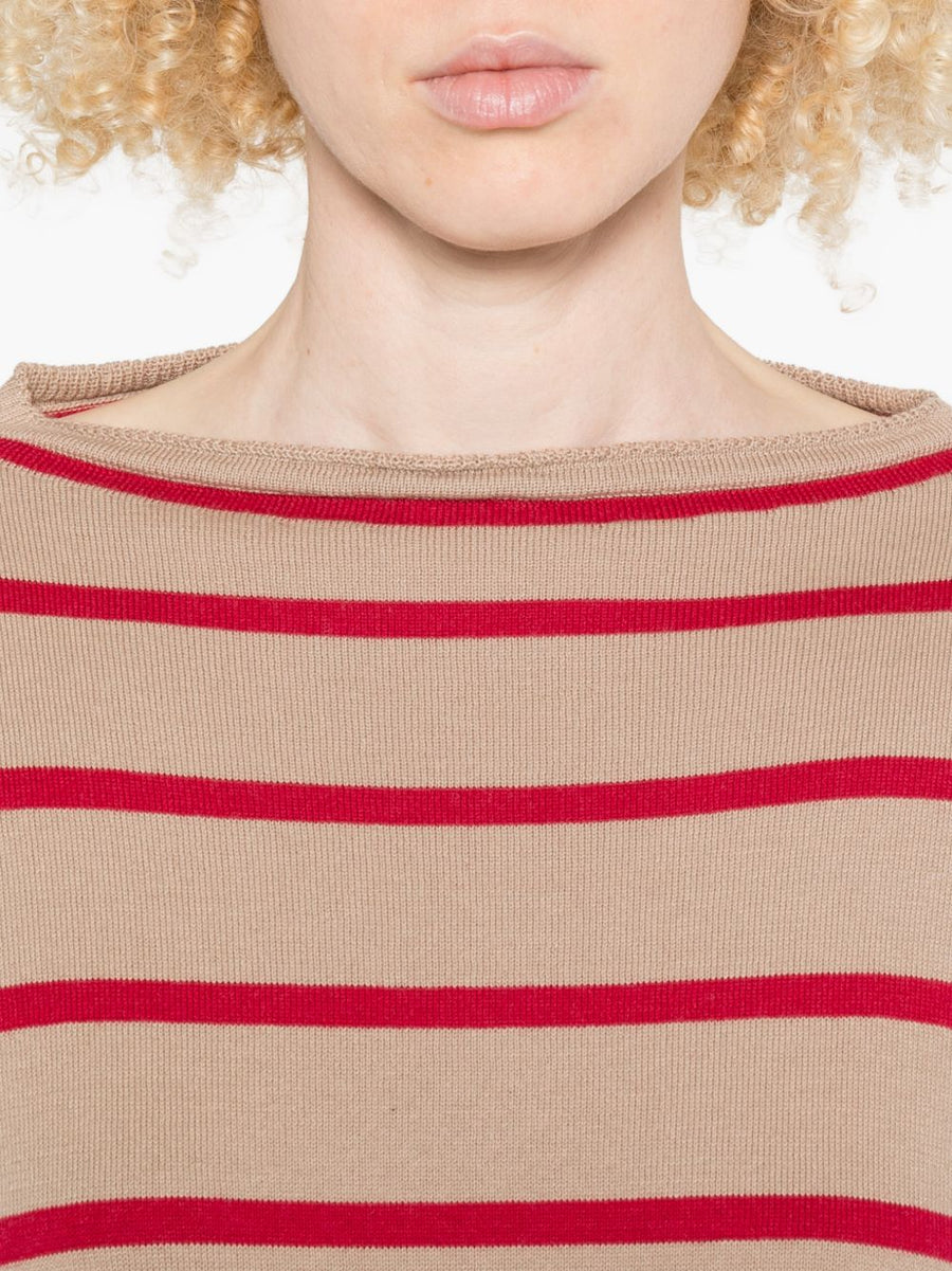 Beyou Cashmere Cotton Striped Sweater For Women Luxuriously Soft Beige Round Neck Top For Everyday Polished Style