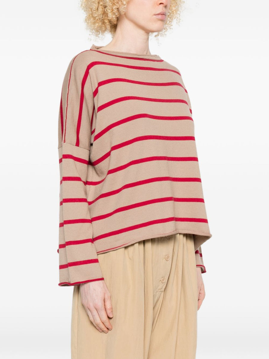 Beyou Cashmere Cotton Striped Sweater For Women Luxuriously Soft Beige Round Neck Top For Everyday Polished Style