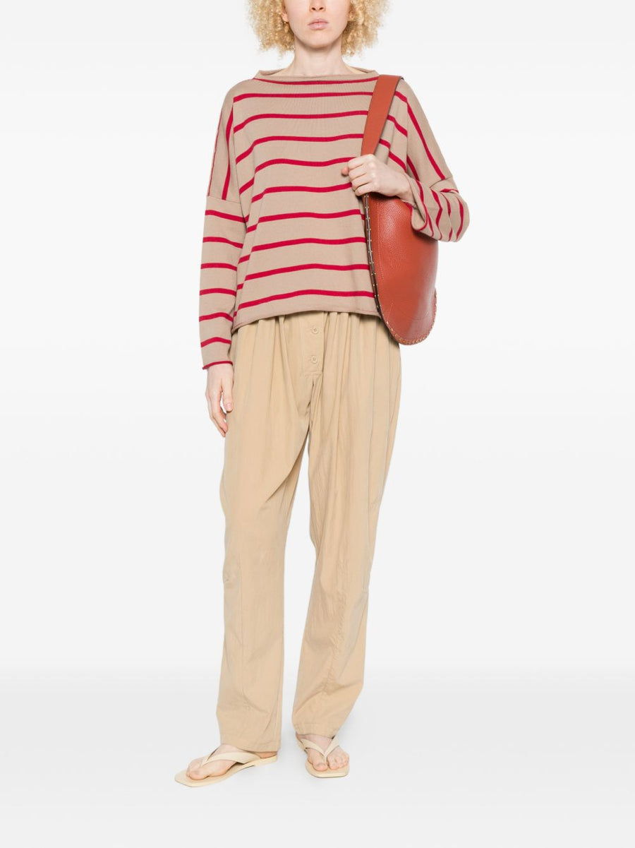 Beyou Cashmere Cotton Striped Sweater For Women Luxuriously Soft Beige Round Neck Top For Everyday Polished Style