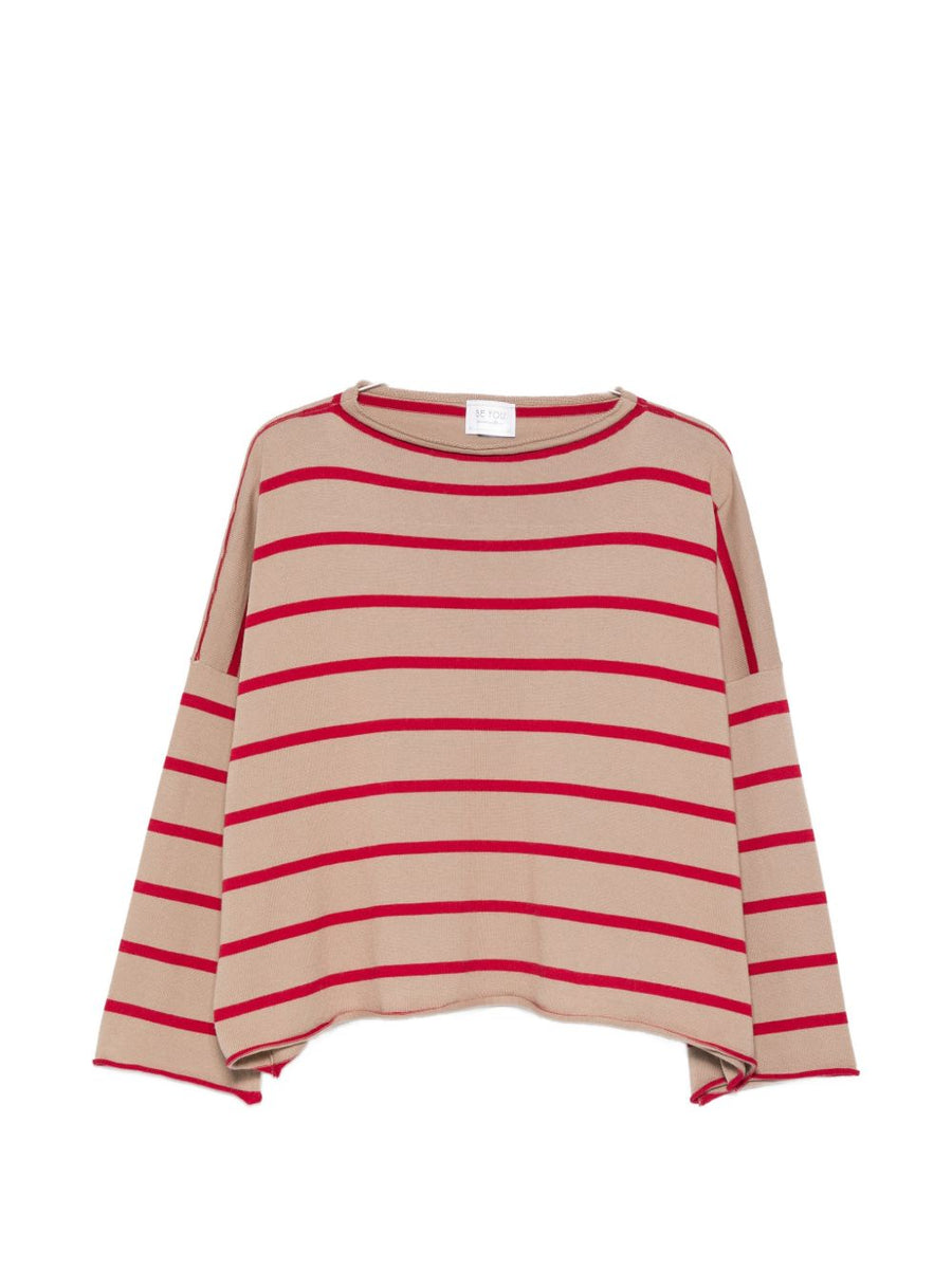 Beyou Cashmere Cotton Striped Sweater For Women Luxuriously Soft Beige Round Neck Top For Everyday Polished Style