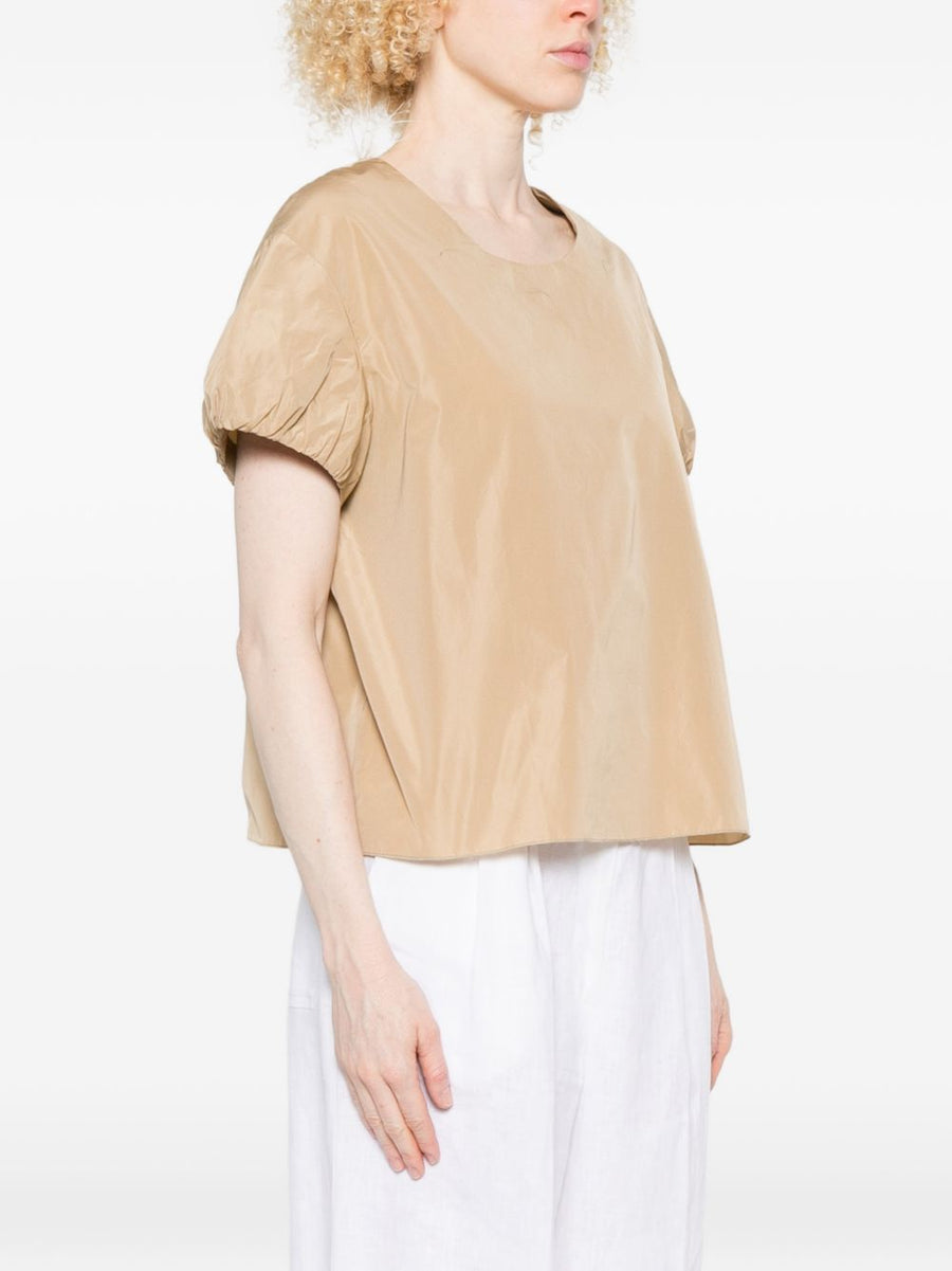 Susanne Bommer Balloon Sleeve Beige Top For Women Round Neck Versatile Luxury Polyester