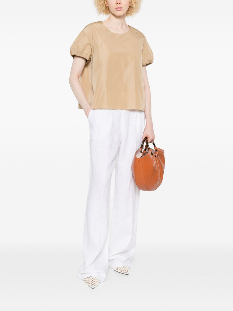 Susanne Bommer Balloon Sleeve Beige Top For Women Round Neck Versatile Luxury Polyester