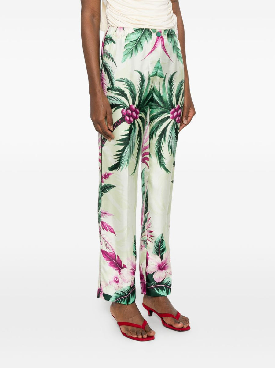 F.R.S Printed Silk Trousers For Women In Green Floral Print Luxury Tailored From Office To Evening