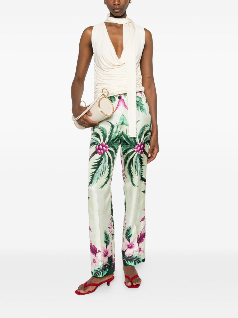 F.R.S Printed Silk Trousers For Women In Green Floral Print Luxury Tailored From Office To Evening
