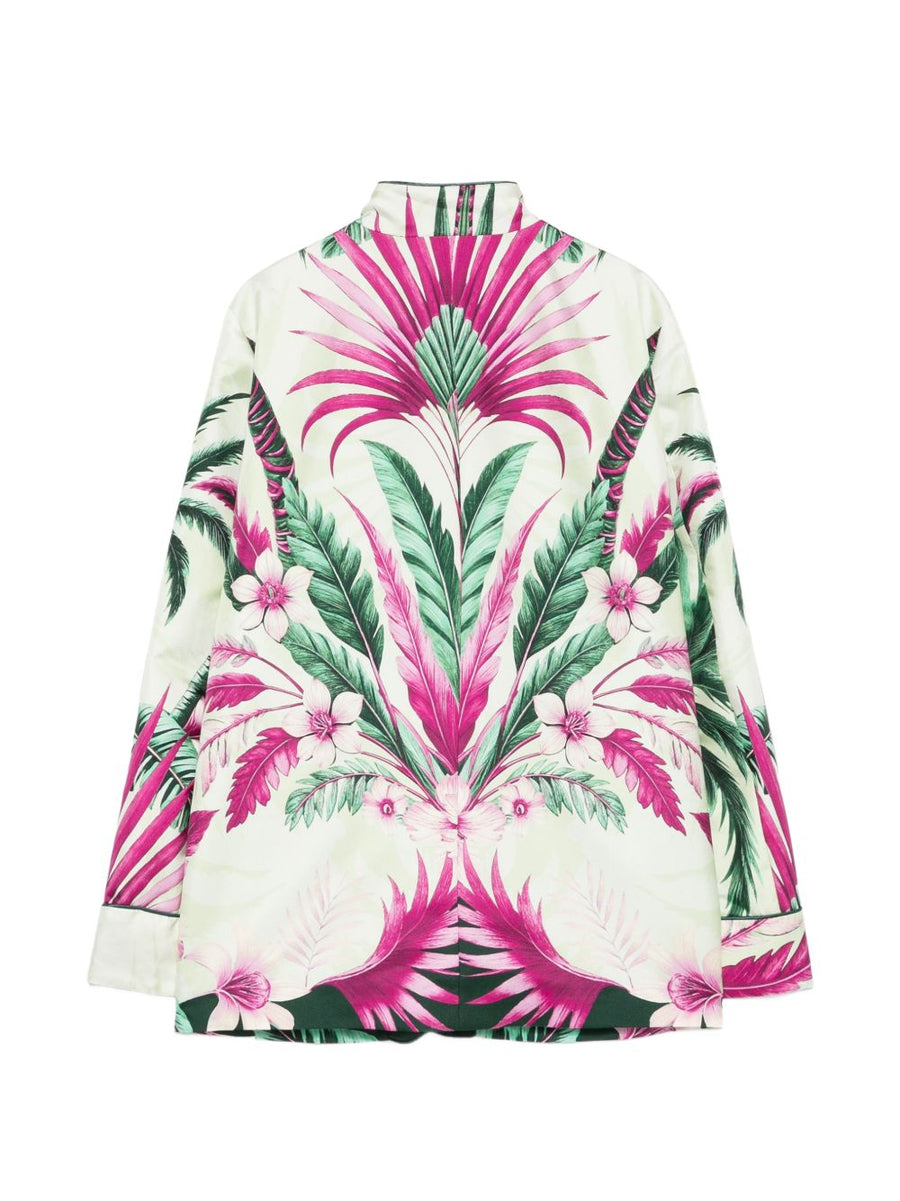 F.R.S Printed Silk Jacket For Women Lightweight Green Floral Layer With Front Pockets And Piped Trims