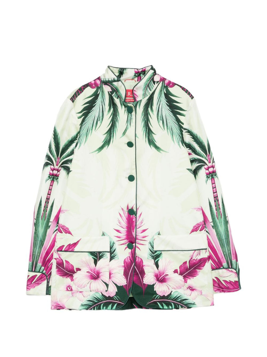 F.R.S Printed Silk Jacket For Women Lightweight Green Floral Layer With Front Pockets And Piped Trims
