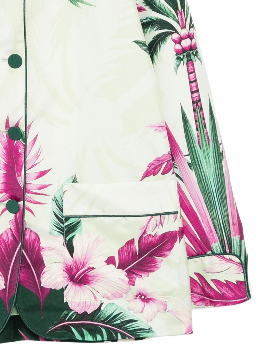 F.R.S Printed Silk Jacket For Women Lightweight Green Floral Layer With Front Pockets And Piped Trims