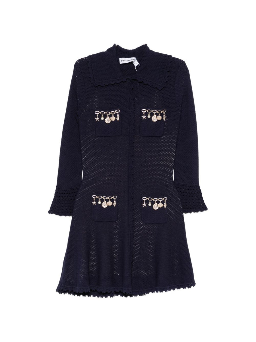 Self-Portrait Navy Knit Short Dress With Charm Detail And Scalloped Trim For Modern Women Day To Night