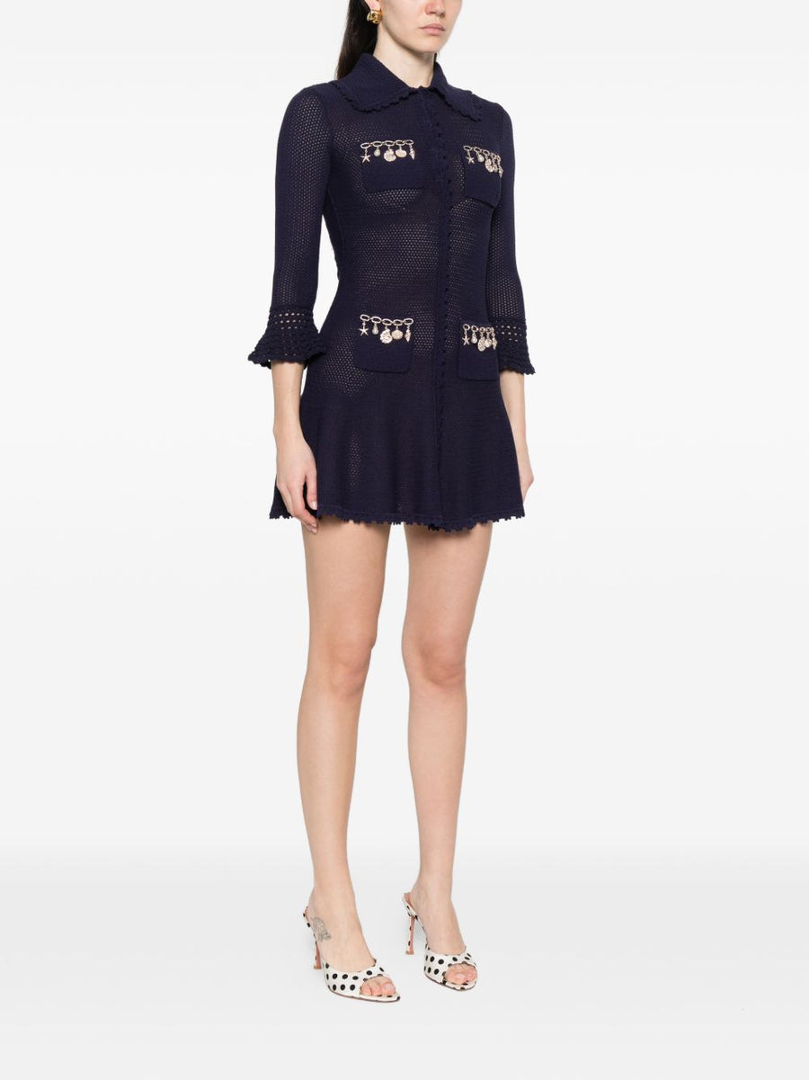 Self-Portrait Navy Knit Short Dress With Charm Detail And Scalloped Trim For Modern Women Day To Night