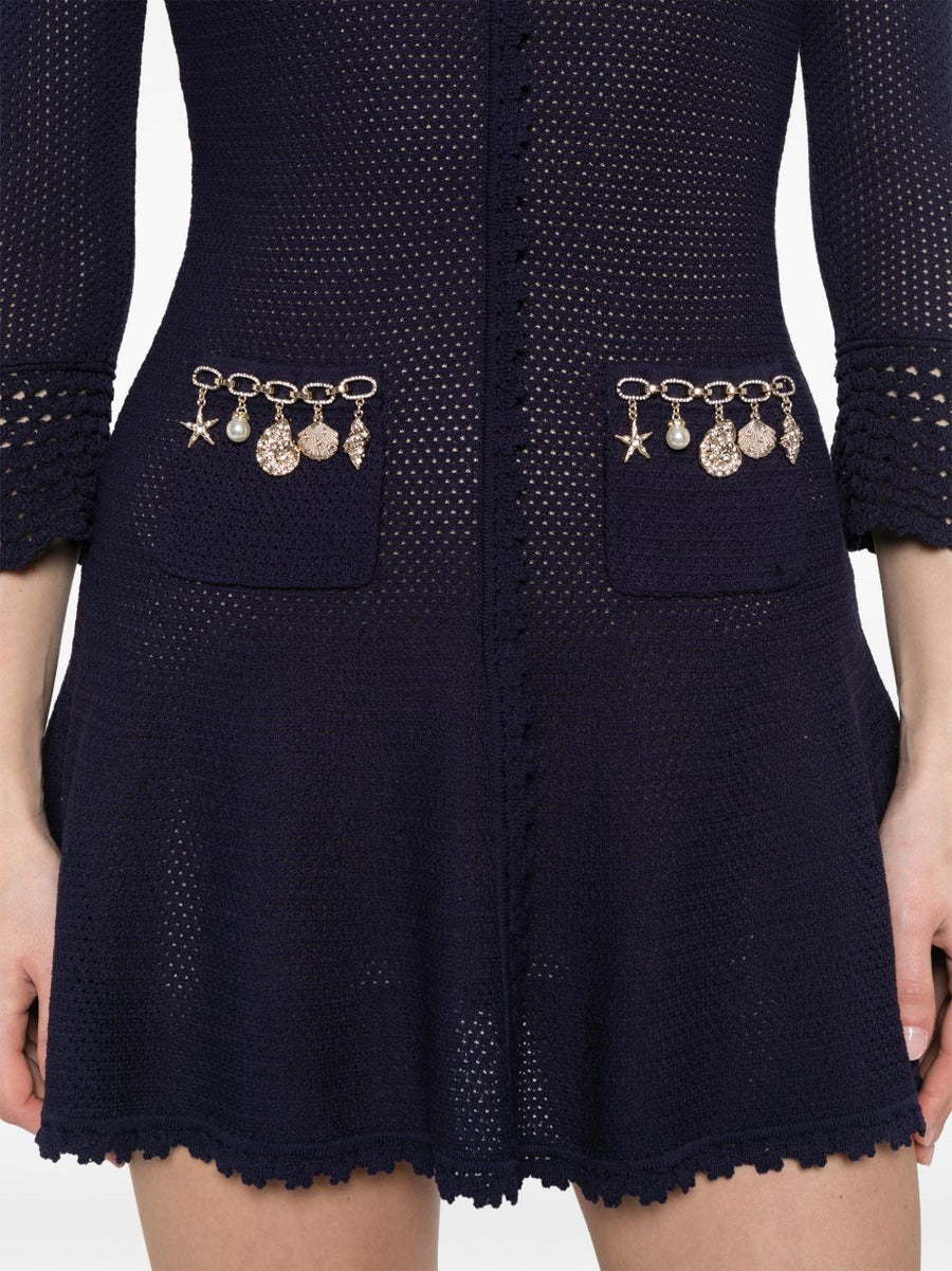 Self-Portrait Navy Knit Short Dress With Charm Detail And Scalloped Trim For Modern Women Day To Night