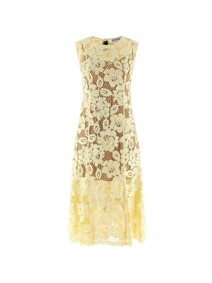 Self-Portrait Lace Midi Dress Sunny Yellow For Women With Crochet Lace Floral Elegant And Flared Silhouette