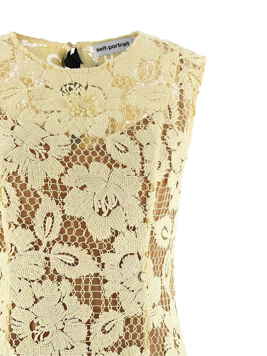 Self-Portrait Lace Midi Dress Sunny Yellow For Women With Crochet Lace Floral Elegant And Flared Silhouette