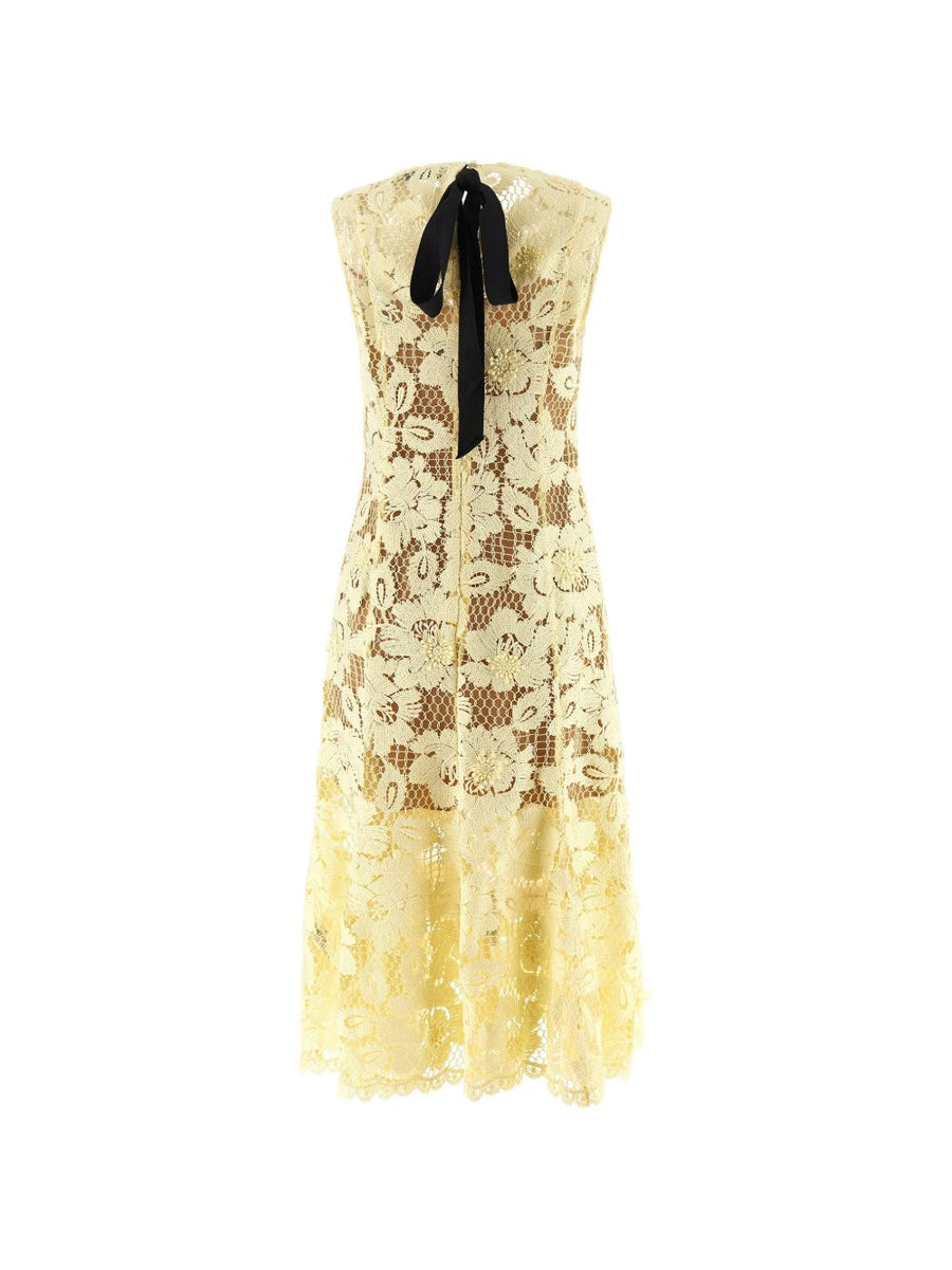 Self-Portrait Lace Midi Dress Sunny Yellow For Women With Crochet Lace Floral Elegant And Flared Silhouette