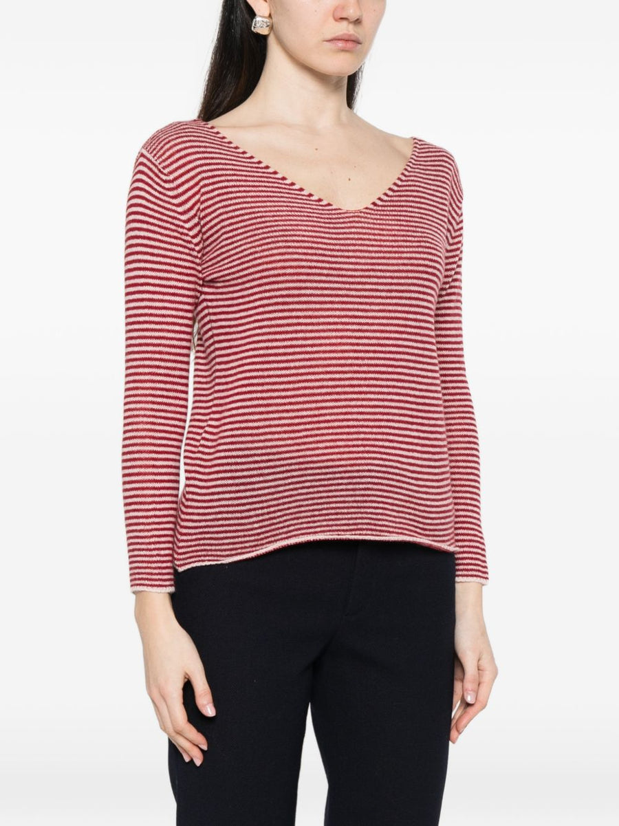 Beyou Cashmere V Neck Sweater For Women Ivory With Red Stripe Soft Luxurious Warmth