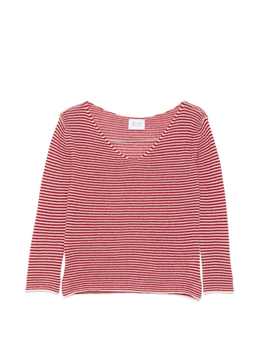Beyou Cashmere V Neck Sweater For Women Ivory With Red Stripe Soft Luxurious Warmth