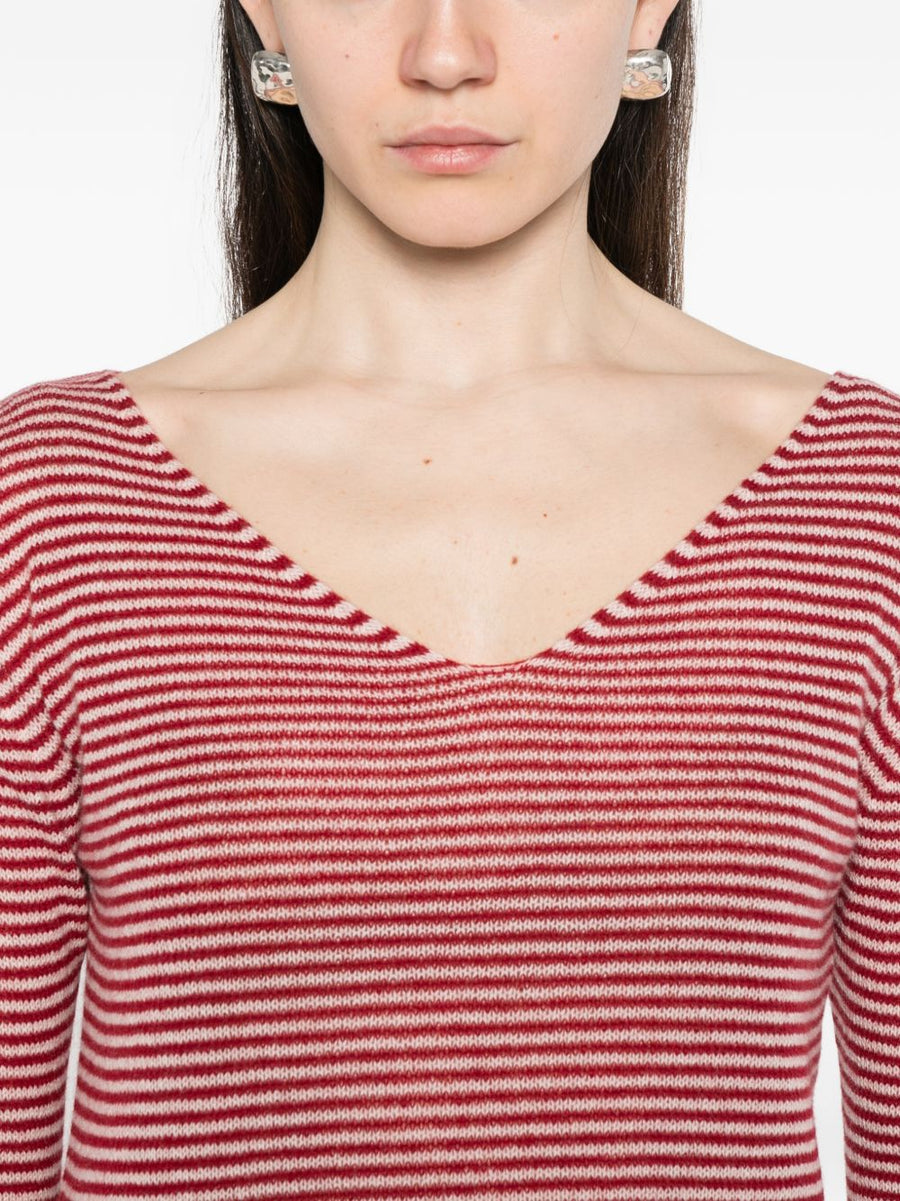 Beyou Cashmere V Neck Sweater For Women Ivory With Red Stripe Soft Luxurious Warmth