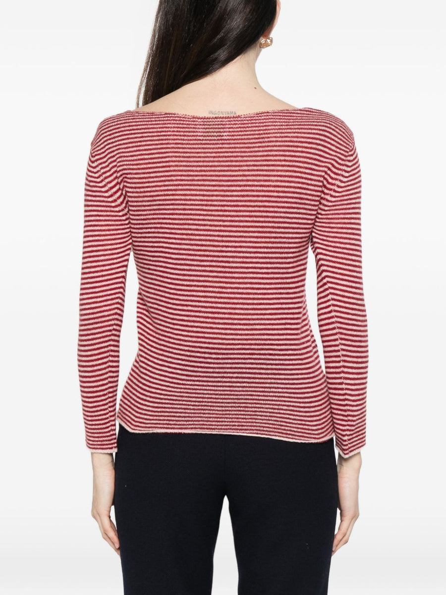 Beyou Cashmere V Neck Sweater For Women Ivory With Red Stripe Soft Luxurious Warmth