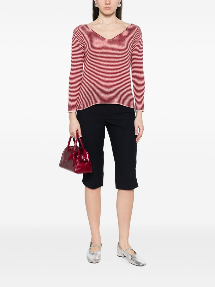 Beyou Cashmere V Neck Sweater For Women Ivory With Red Stripe Soft Luxurious Warmth