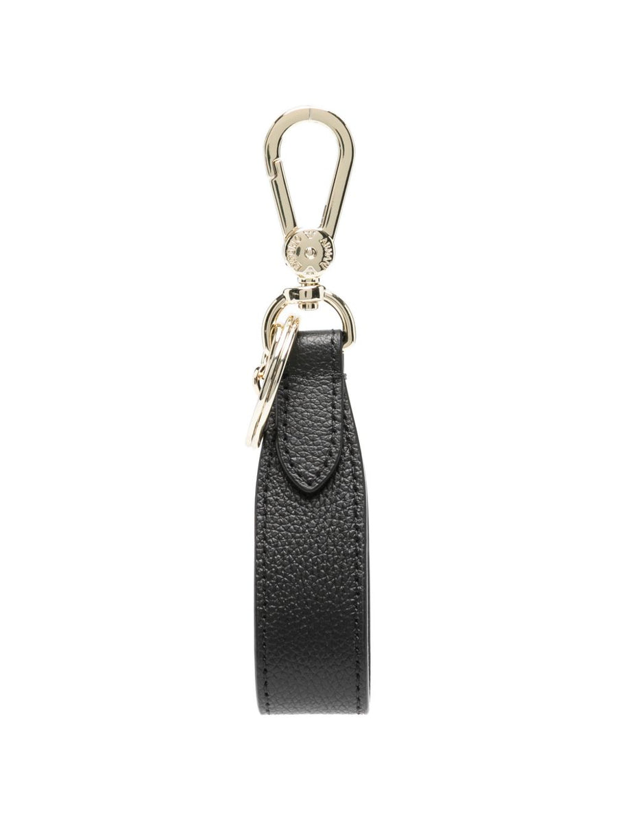 Emporio Armani Leather Keyring Bag Charm For Women Black Brass Detailing Luxury Accessory