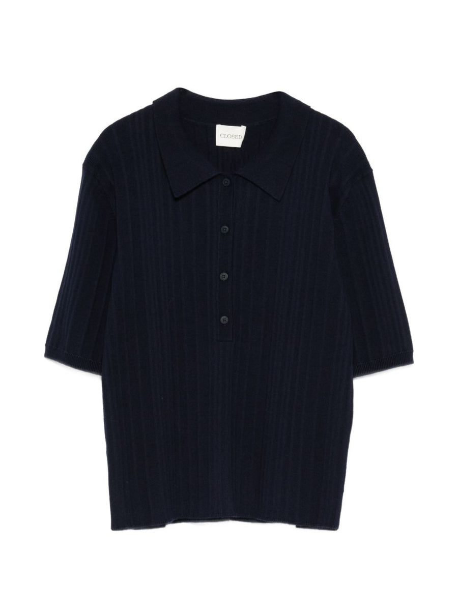 Closed Navy Polo Shirt For Women Premium Cotton Cashmere Wool Blend Ribbed Knit Polo