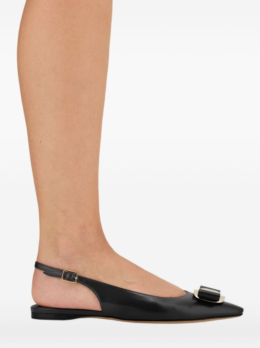 Ferragamo Vara Plate Flat Slingback Black Goat Leather Pointed Toe For Women Iconic Vara Buckle