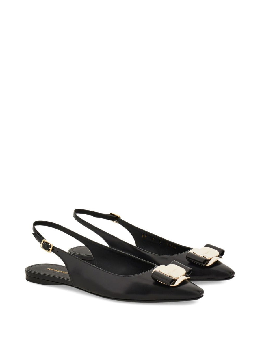 Ferragamo Vara Plate Flat Slingback Black Goat Leather Pointed Toe For Women Iconic Vara Buckle