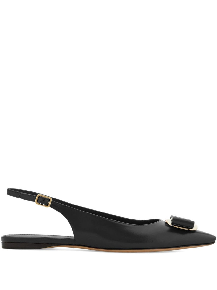 Ferragamo Vara Plate Flat Slingback Black Goat Leather Pointed Toe For Women Iconic Vara Buckle