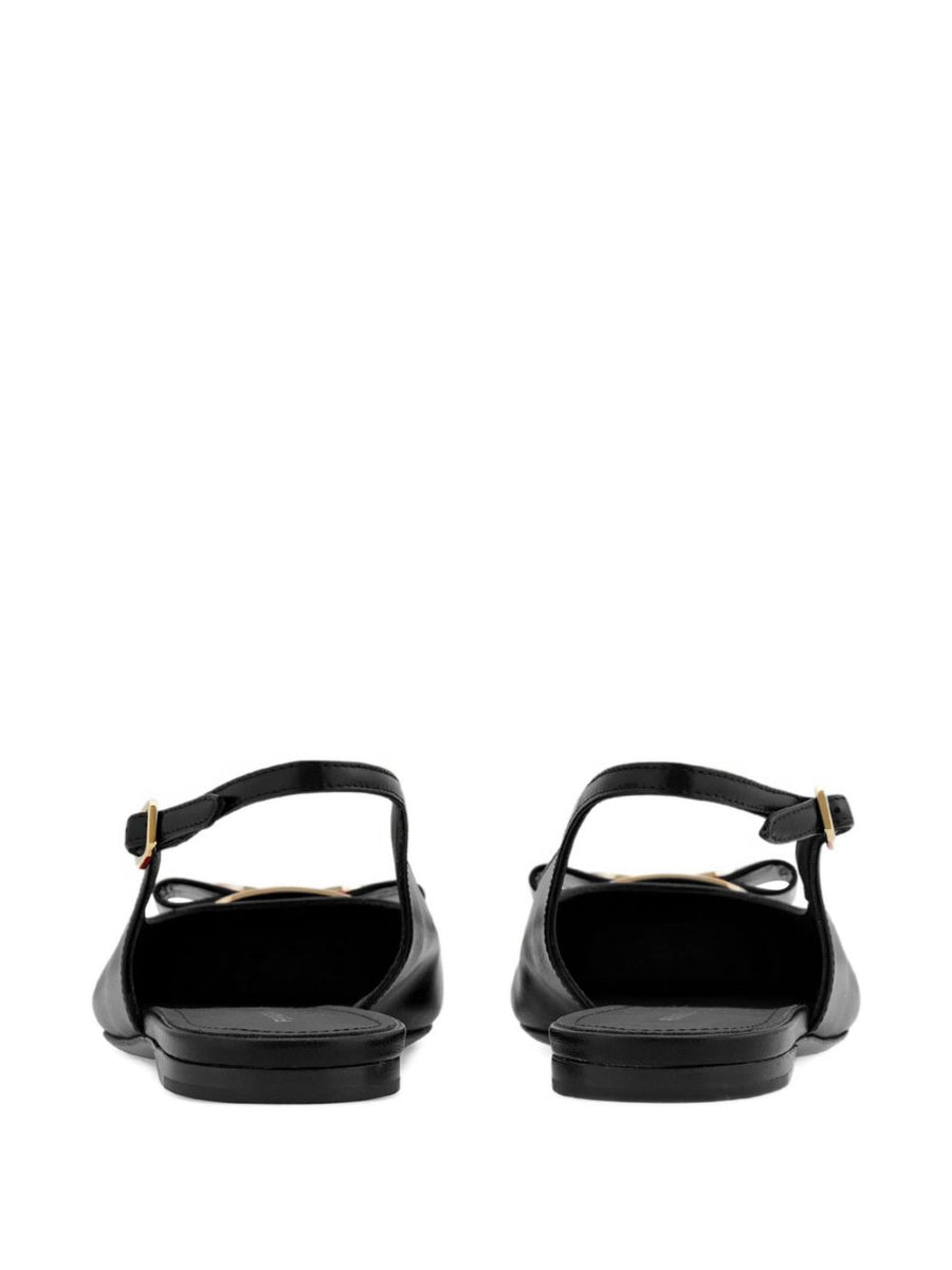 Ferragamo Vara Plate Flat Slingback Black Goat Leather Pointed Toe For Women Iconic Vara Buckle