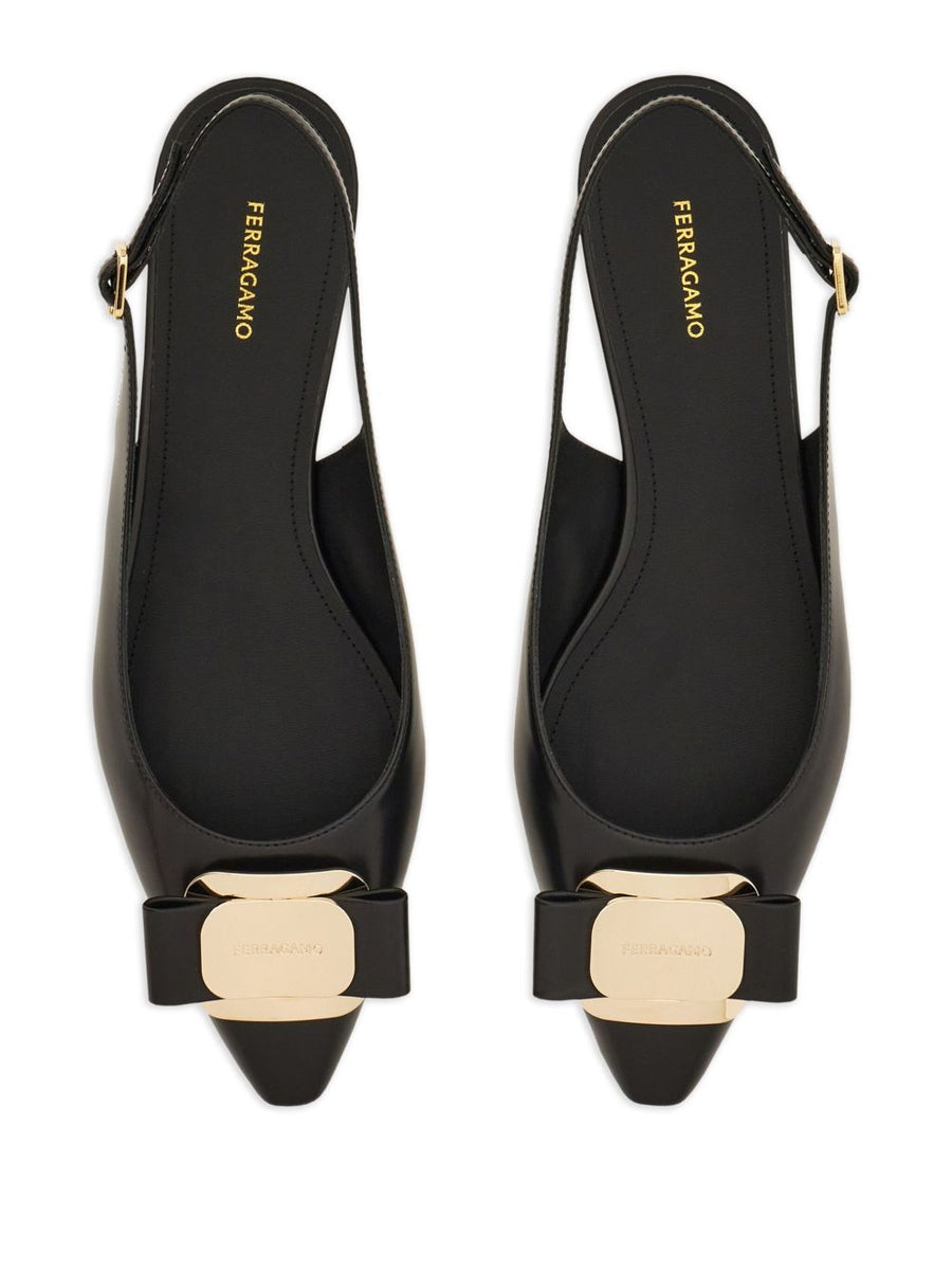 Ferragamo Vara Plate Flat Slingback Black Goat Leather Pointed Toe For Women Iconic Vara Buckle
