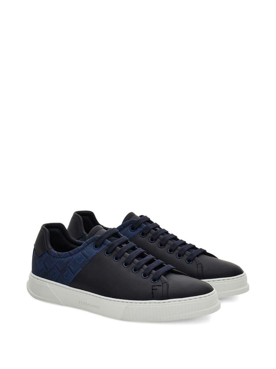 Ferragamo Low Top Sneakers Navy Calf Leather With Monogram Panel For Men Luxury Refined Casual Comfort