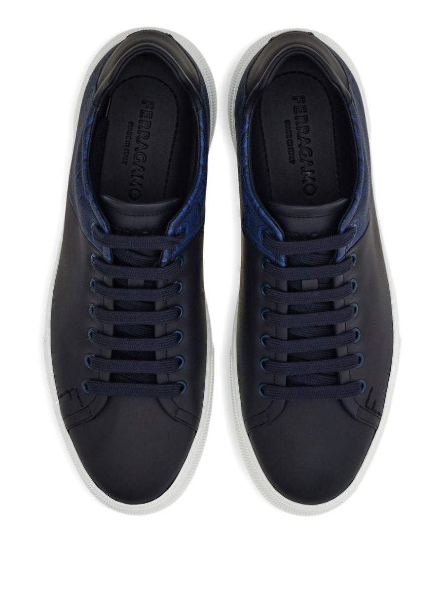 Ferragamo Low Top Sneakers Navy Calf Leather With Monogram Panel For Men Luxury Refined Casual Comfort