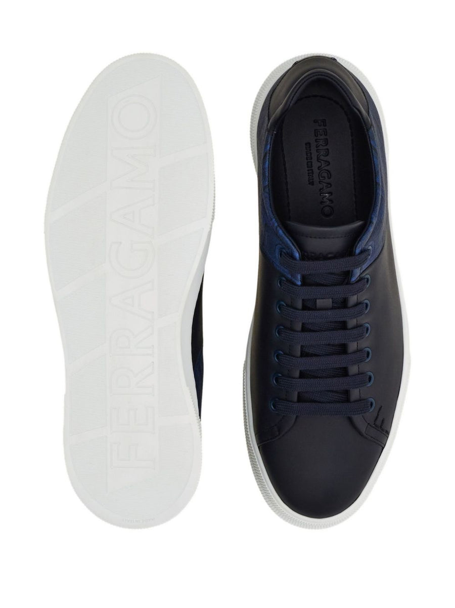 Ferragamo Low Top Sneakers Navy Calf Leather With Monogram Panel For Men Luxury Refined Casual Comfort