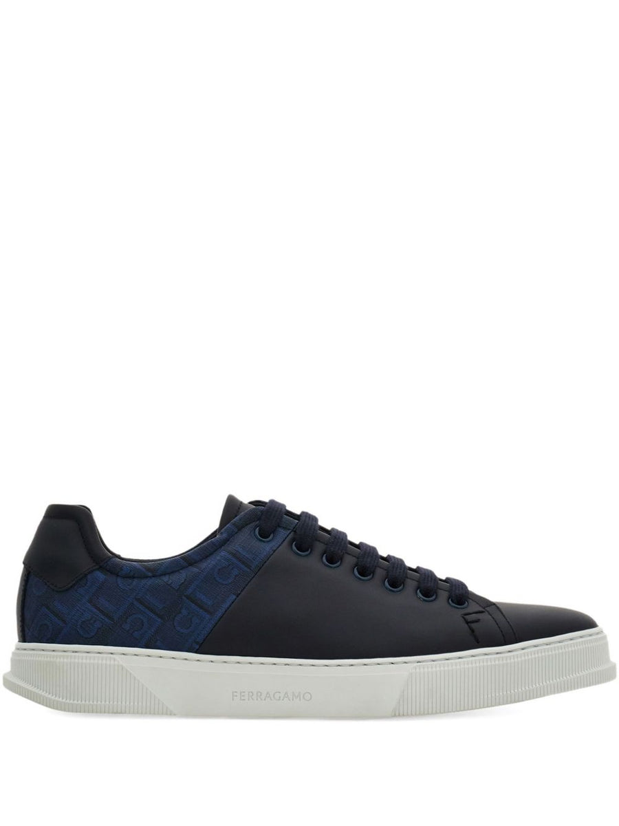 Ferragamo Low Top Sneakers Navy Calf Leather With Monogram Panel For Men Luxury Refined Casual Comfort